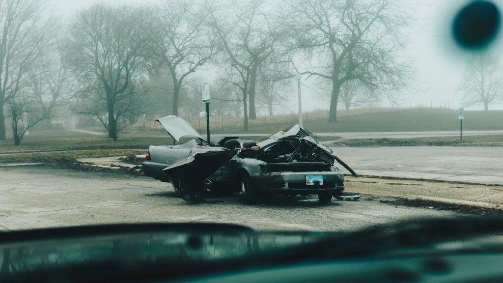 A crashed vehicle after a road accident